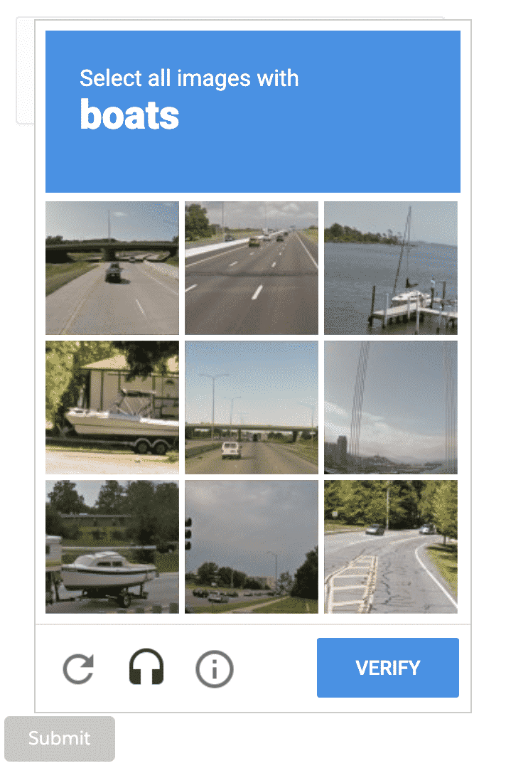 reCAPTCHA "Lựa chọn tất cả hình ảnh có hình cái thuyền"