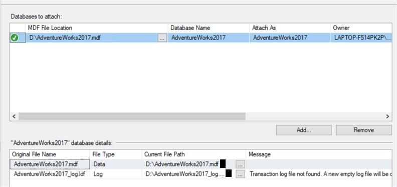 Attach Database trong SQL Server không có log file