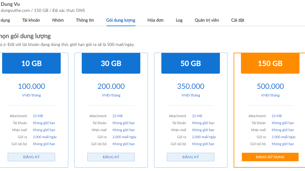 Hướng Dẫn Đổi Gói Sử Dụng Dịch Vụ Business Email