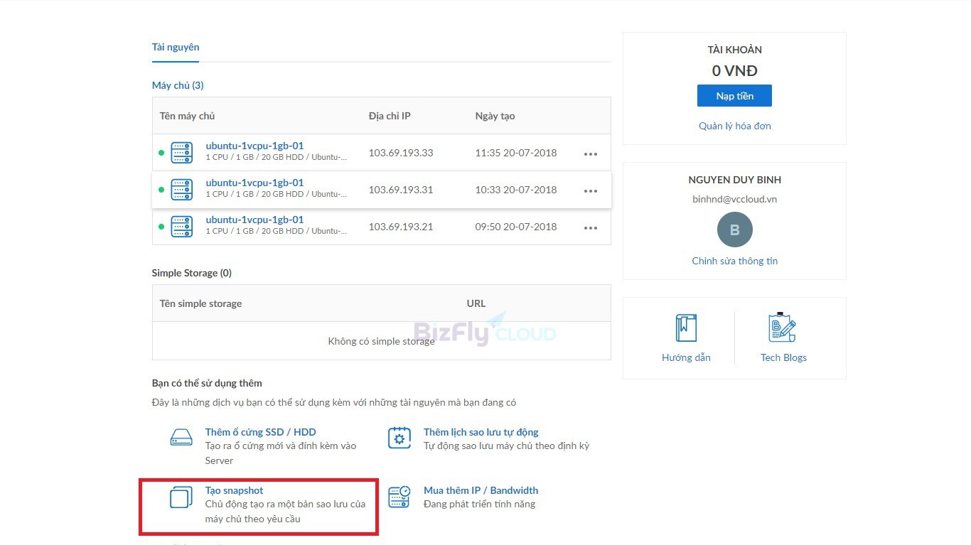 Tạo và Quản lý Snapshot trên Bizfly Cloud
