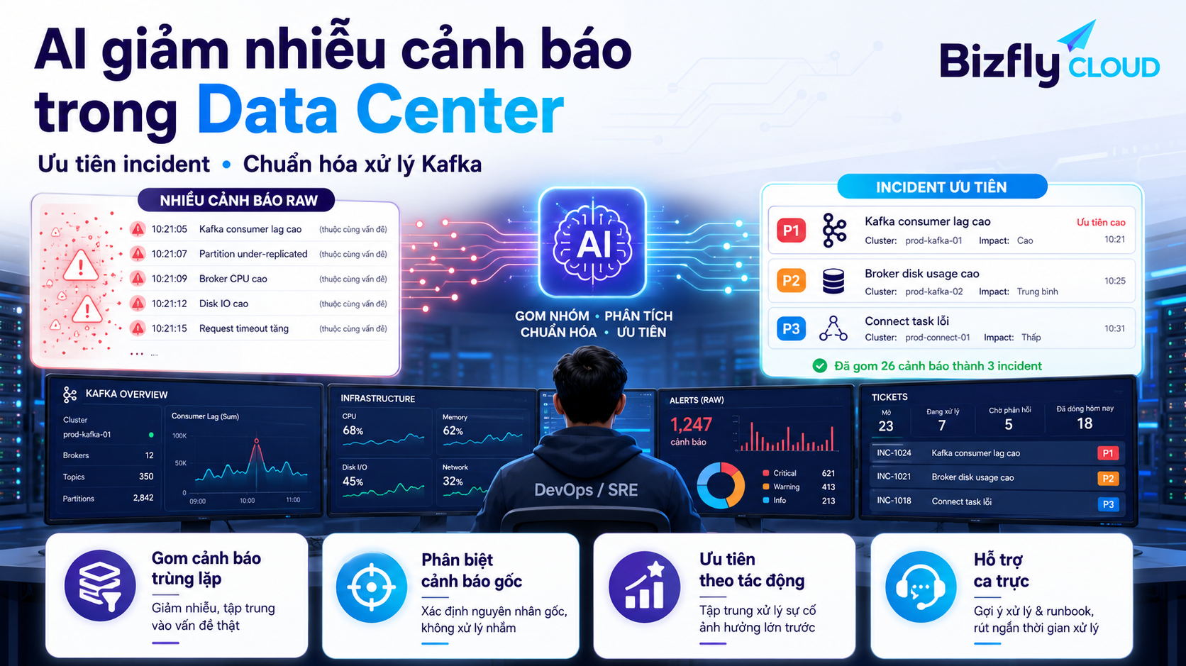 AI giảm nhiễu cảnh báo trong Data Center cho đội Data Platform và DevOps/SRE