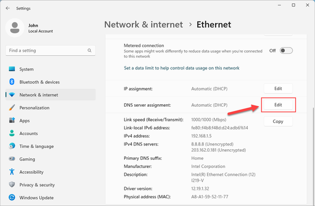 Hướng đổi DNS 8.8.8.8 trên Windows 11