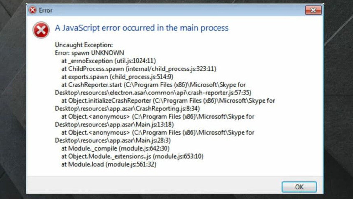 A Javascript error occurred in the main process​ là lỗi gì và cách khắc phục