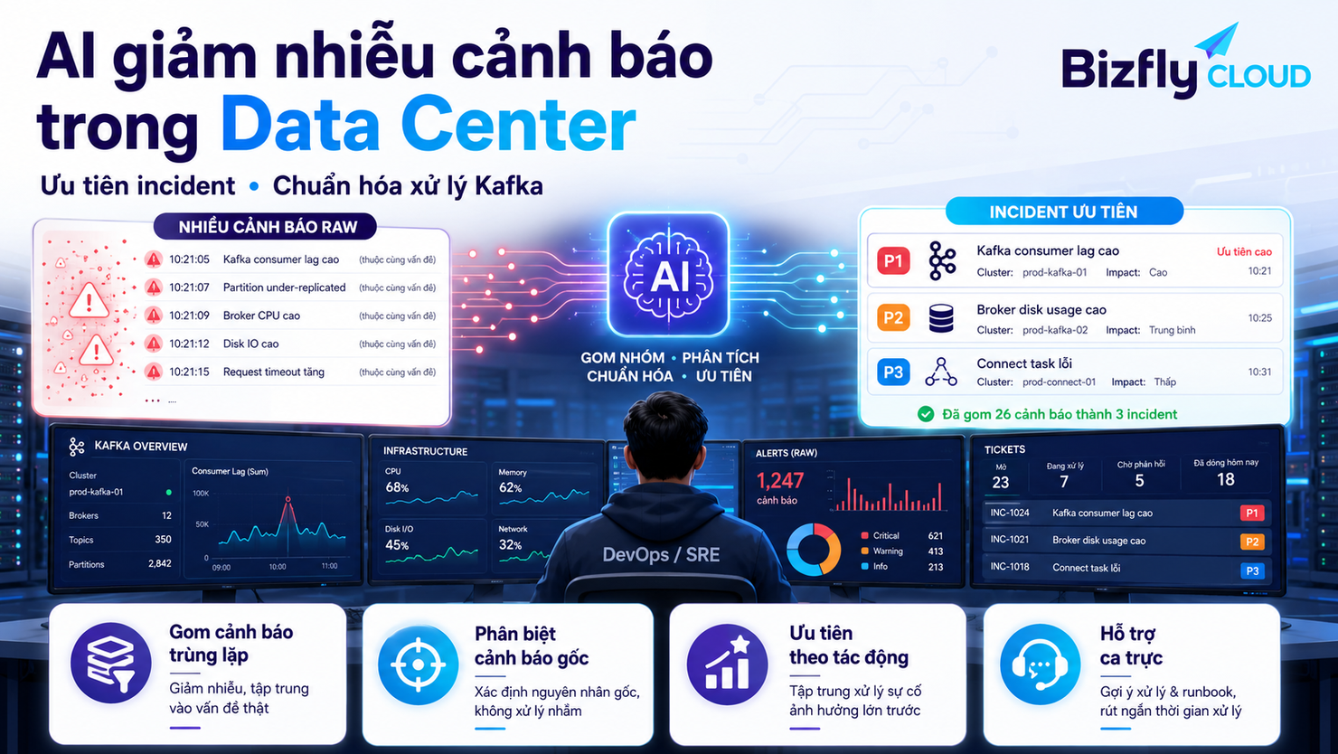 AI giảm nhiễu cảnh báo trong Data Center cho đội Data Platform và DevOps/SRE