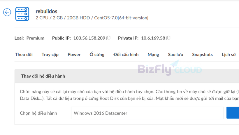 Hướng dẫn thay đổi hệ điều hành (Rebuild OS) trên Cloud Server