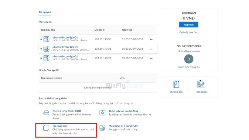 Tạo và Quản lý Snapshot trên Bizfly Cloud